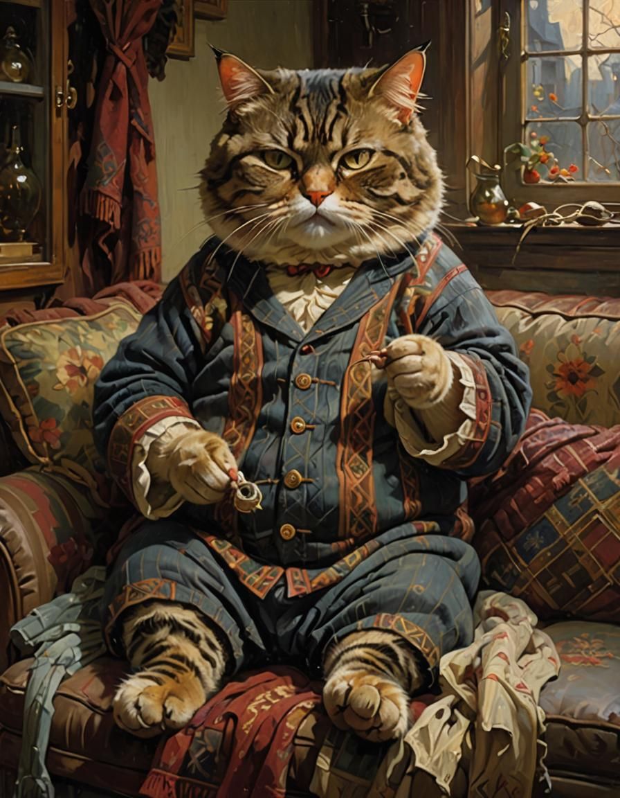 Grumpy Cat Knitting in Oil on Canvas