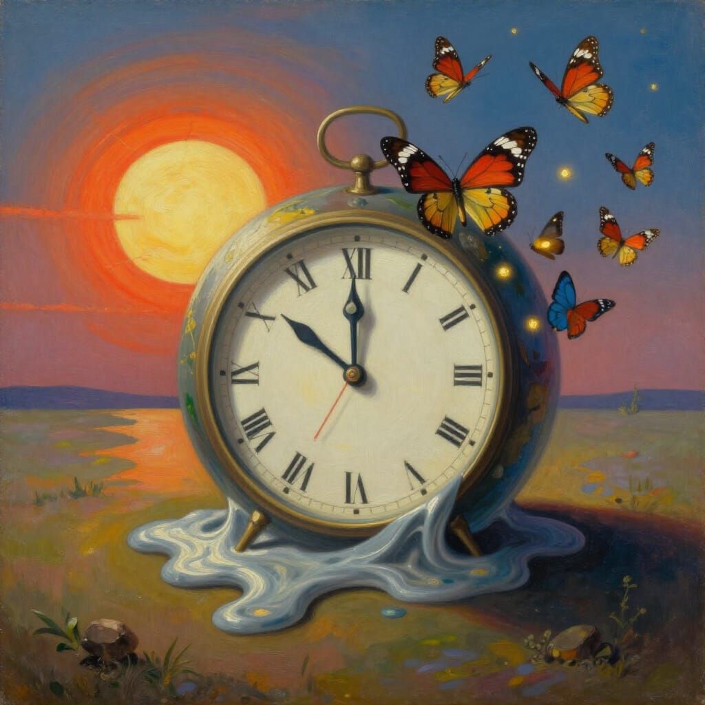 Melting Clock Orb with Butterflies in Surrealist Style