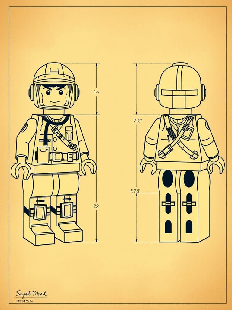 Lego Figurine Technical Drawing on Blueprint Paper