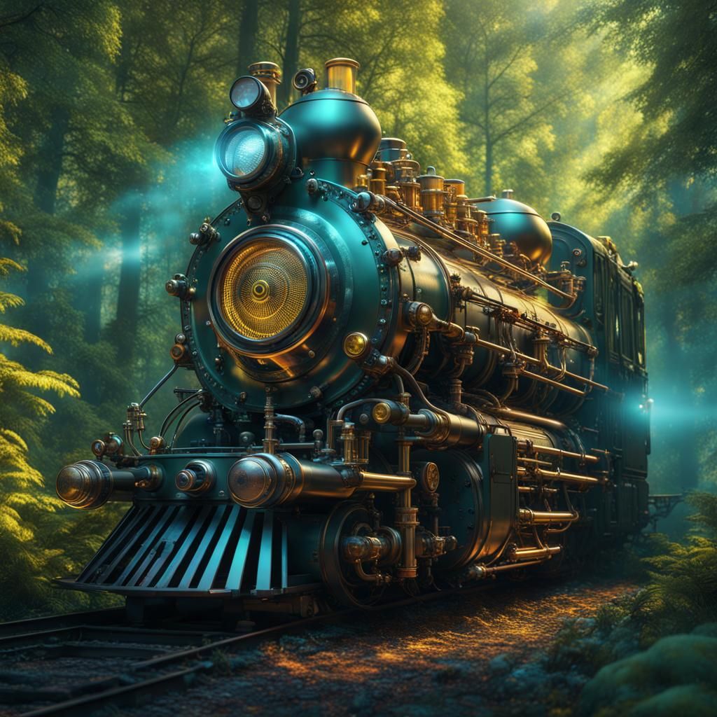 Holographic, sparkling,Steam engine close up working ,in the...