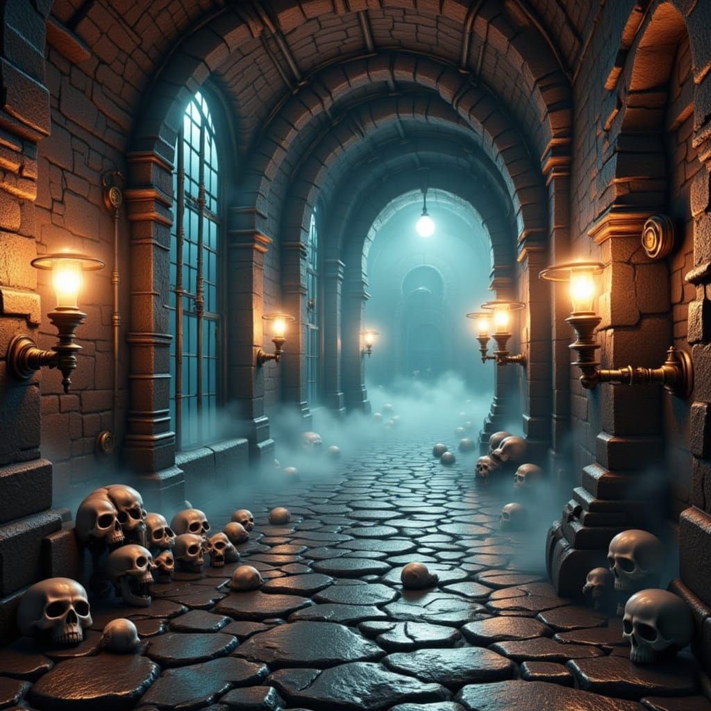 Eerie Dungeon Corridor with Skulls and Fog