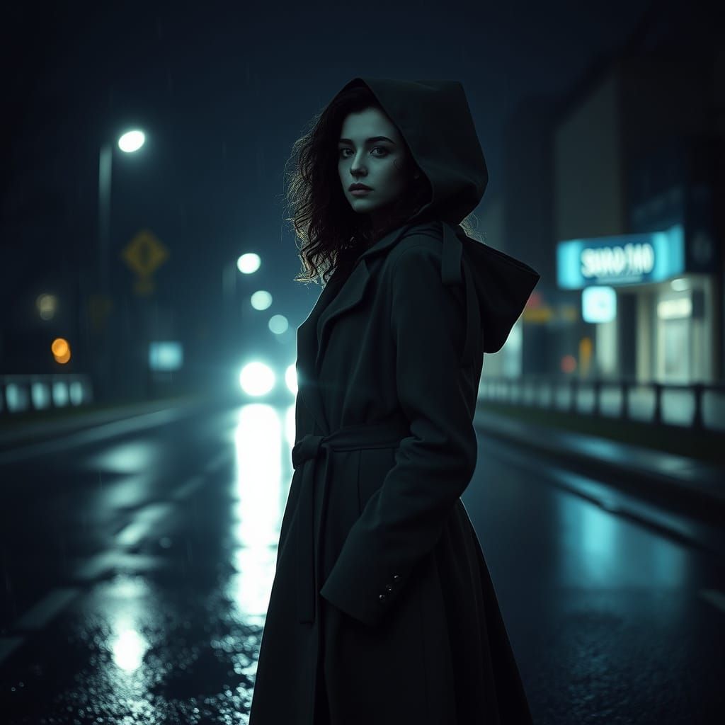 Melancholic Woman in Rain: Atmospheric Digital Art