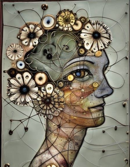Intricate Textile Art Portrait with Flowers and Constellatio...