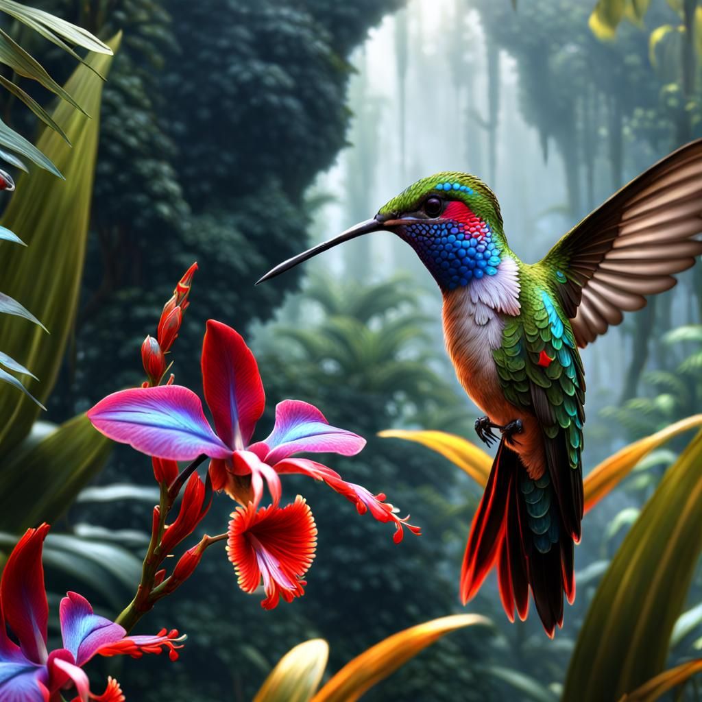 Hummingbirds in Jungle: Photorealistic 3D Render
