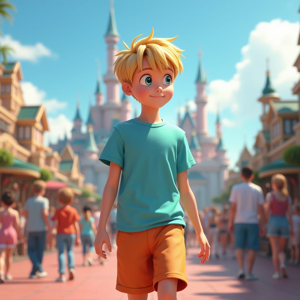 Young Blond Teen Boy at Disney World in Aqua Shirt