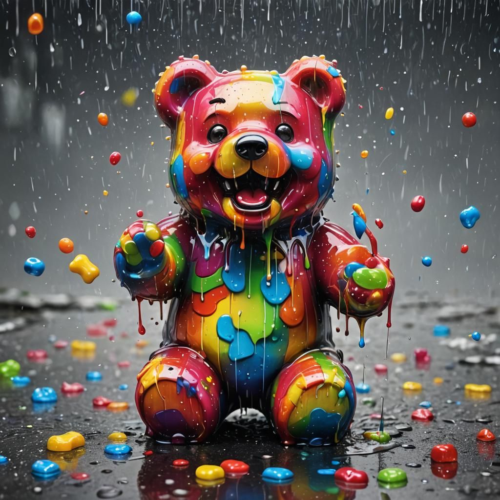 Rainbow Gummy Bear in Rainy Graffiti Art