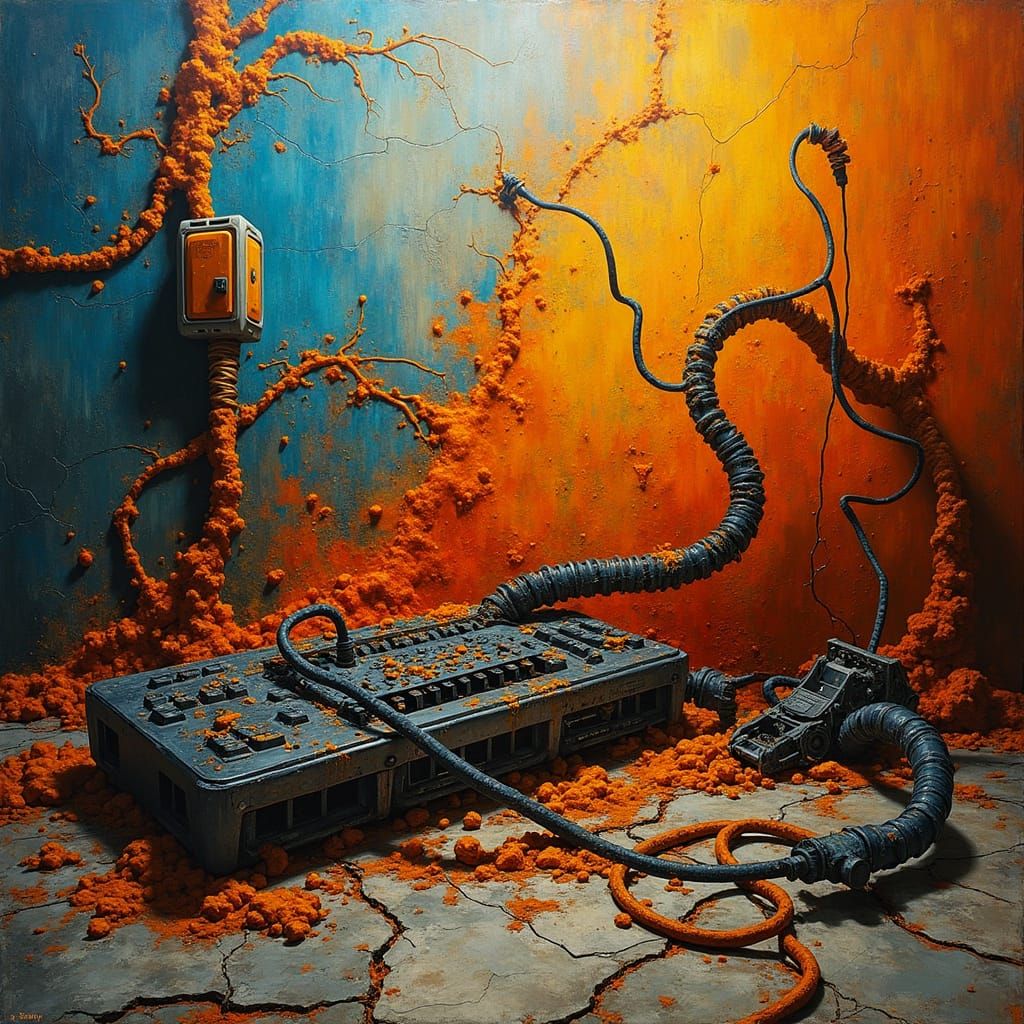 Surreal Industrial Abstraction in Vibrant Orange and Blues