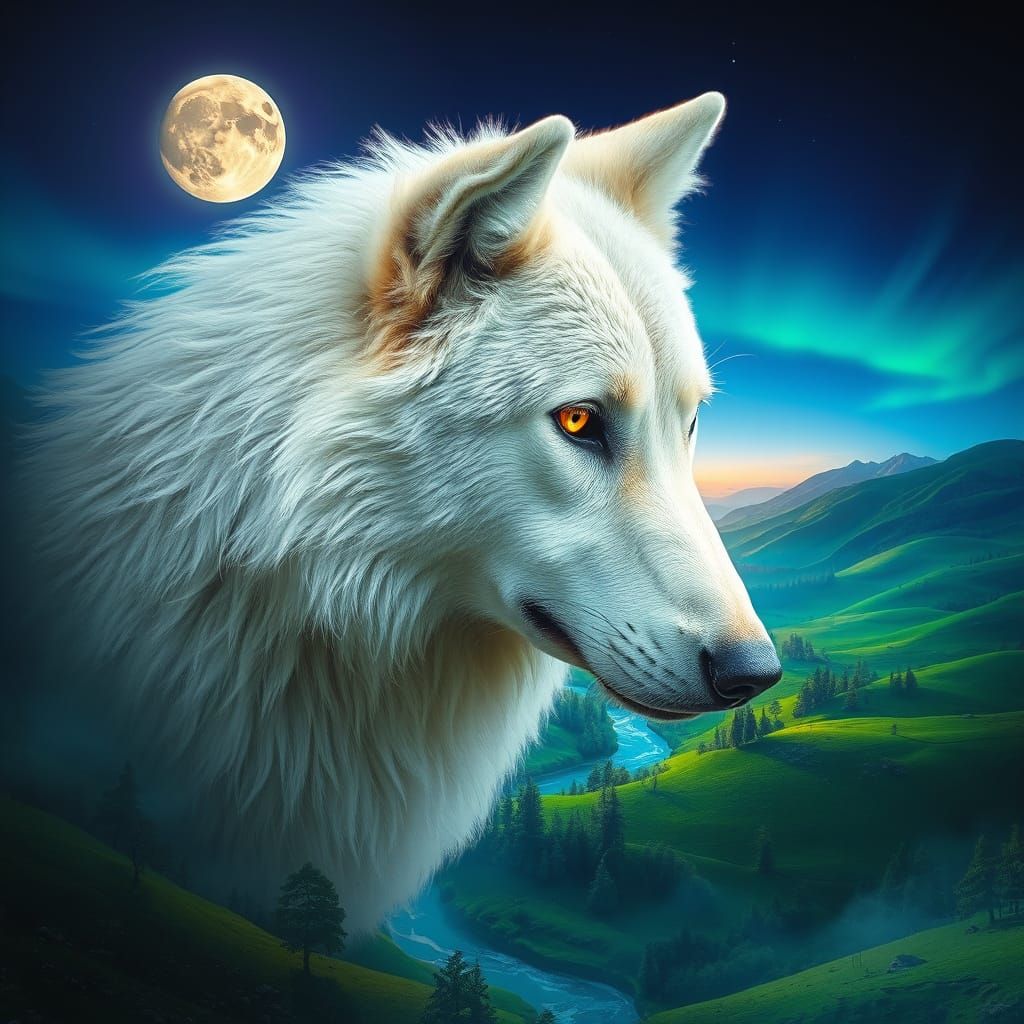 Majestic White Wolf in Dreamy Landscape