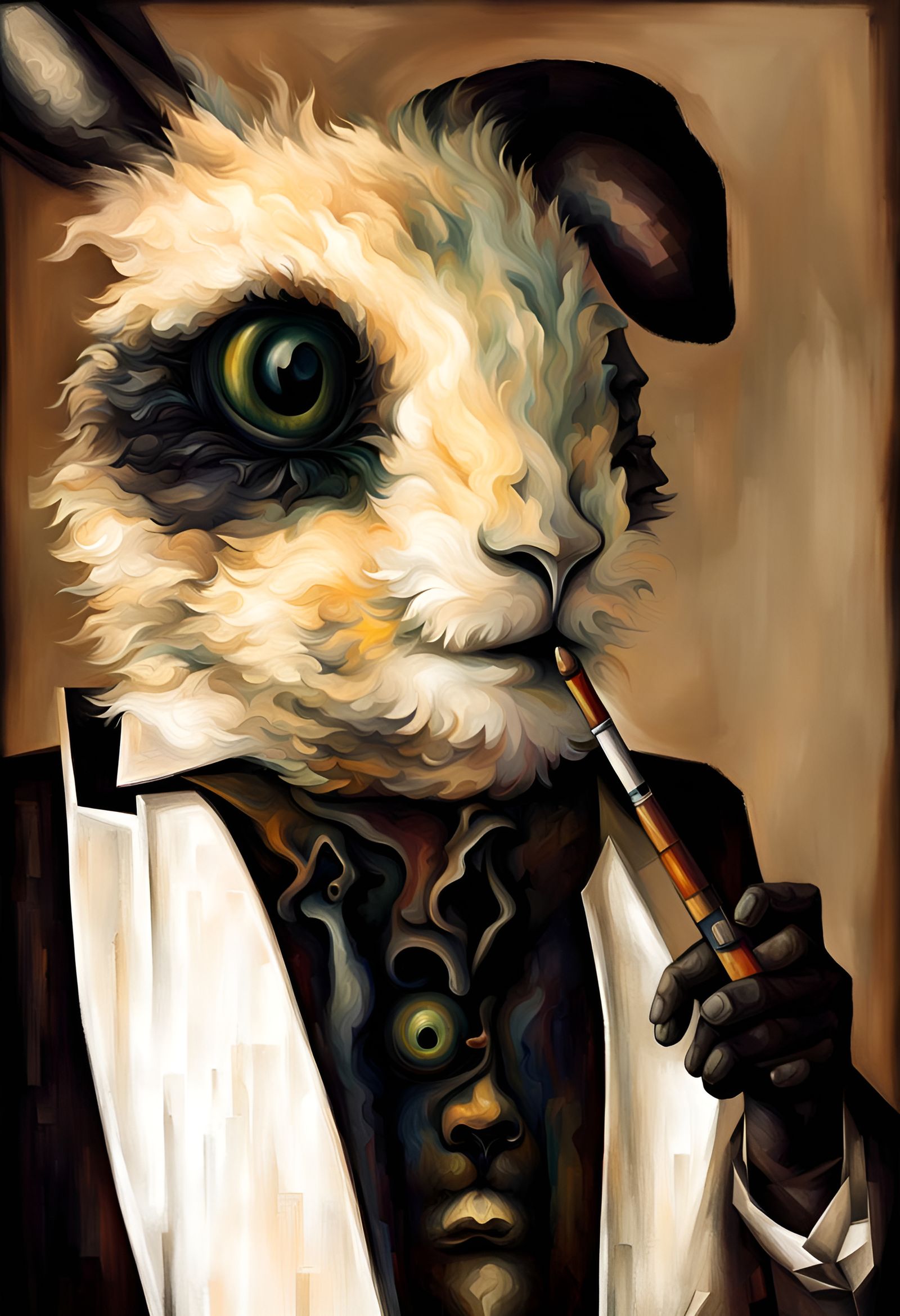 Cubist Surrealist Smoking Rabbit Man