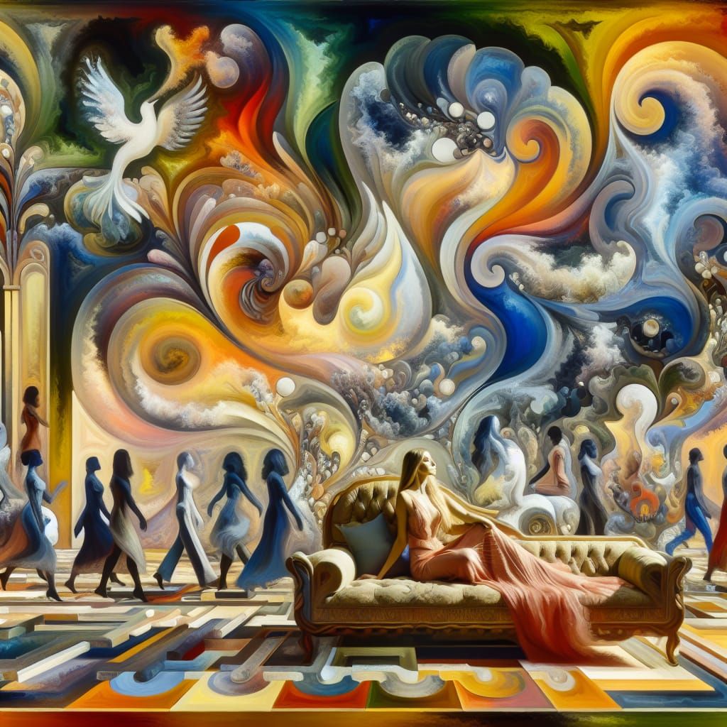 Harmonious Abstract Painting of Woman on Couch