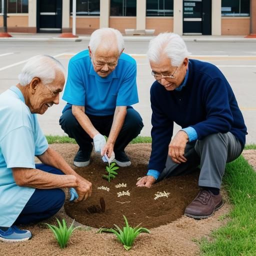 Senior citizens planting seeds outside a senior center in the city.