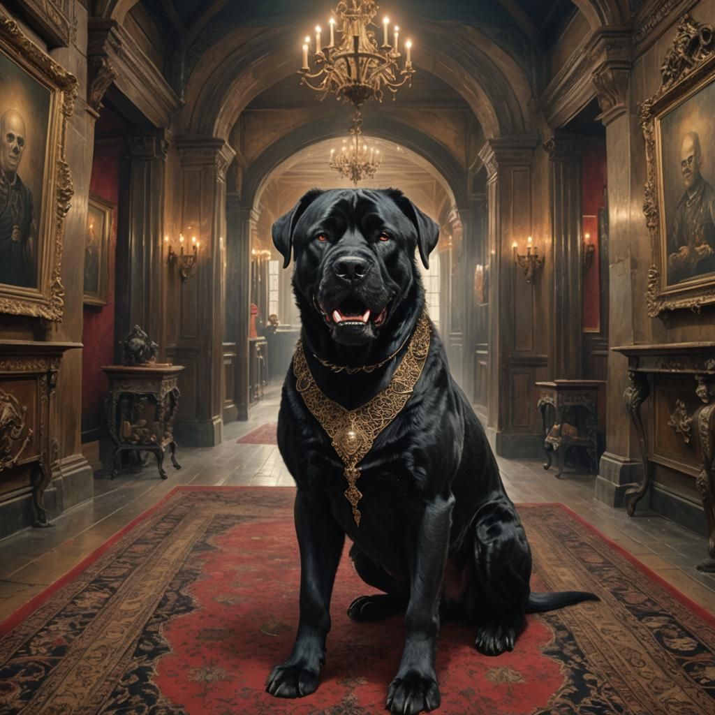 A snarling, hyperrealistic Giant Black Mastiff Pinhead, with black eyes, from the movie Hellraiser, in full Pinhead styl...