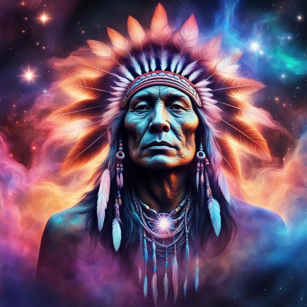 Astral Native American Smoke Galaxy, Holographic Illustratio...