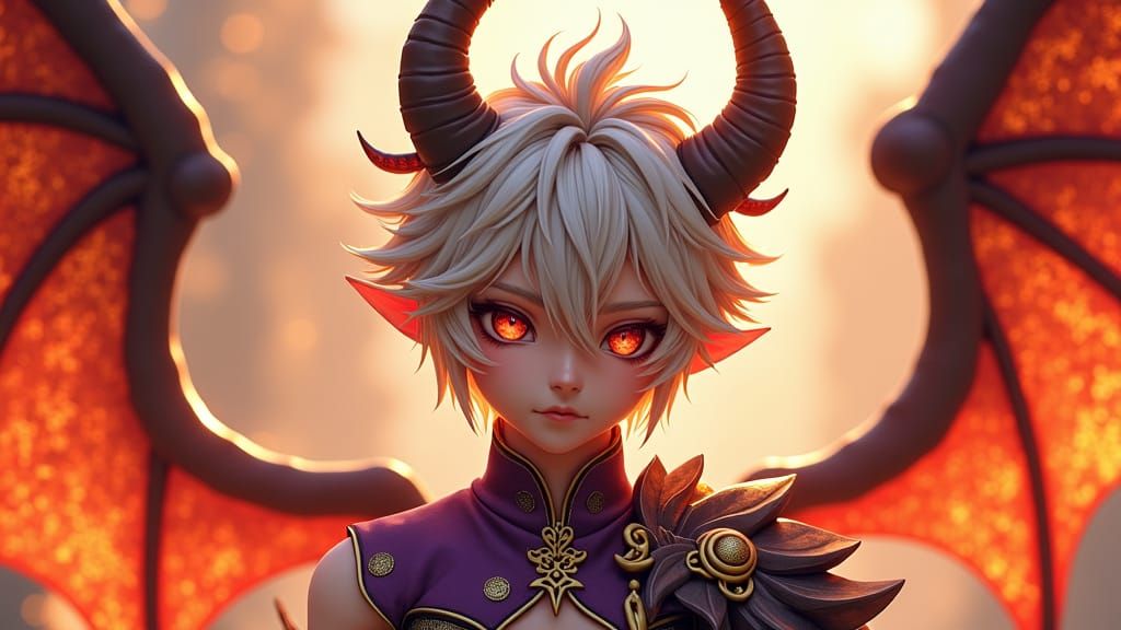 Majestic Male Demon with Platinum Hair, in Anime Style