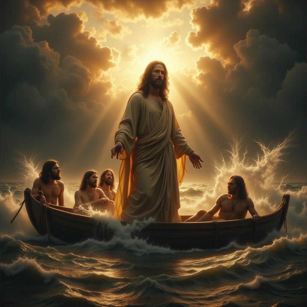 Jesus Calms Stormy Sea in Dramatic Hyperrealistic Portrait