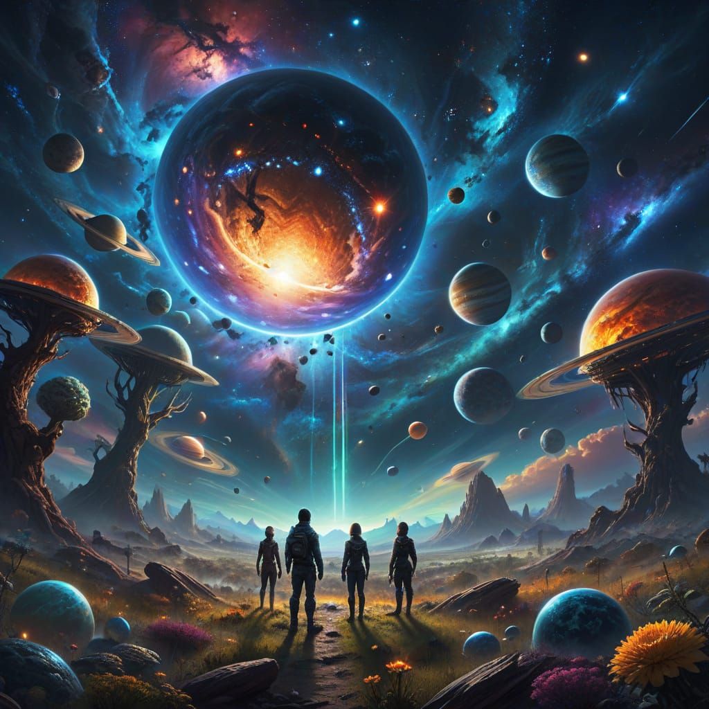 Surreal Cosmic Gathering in Vibrant Colors