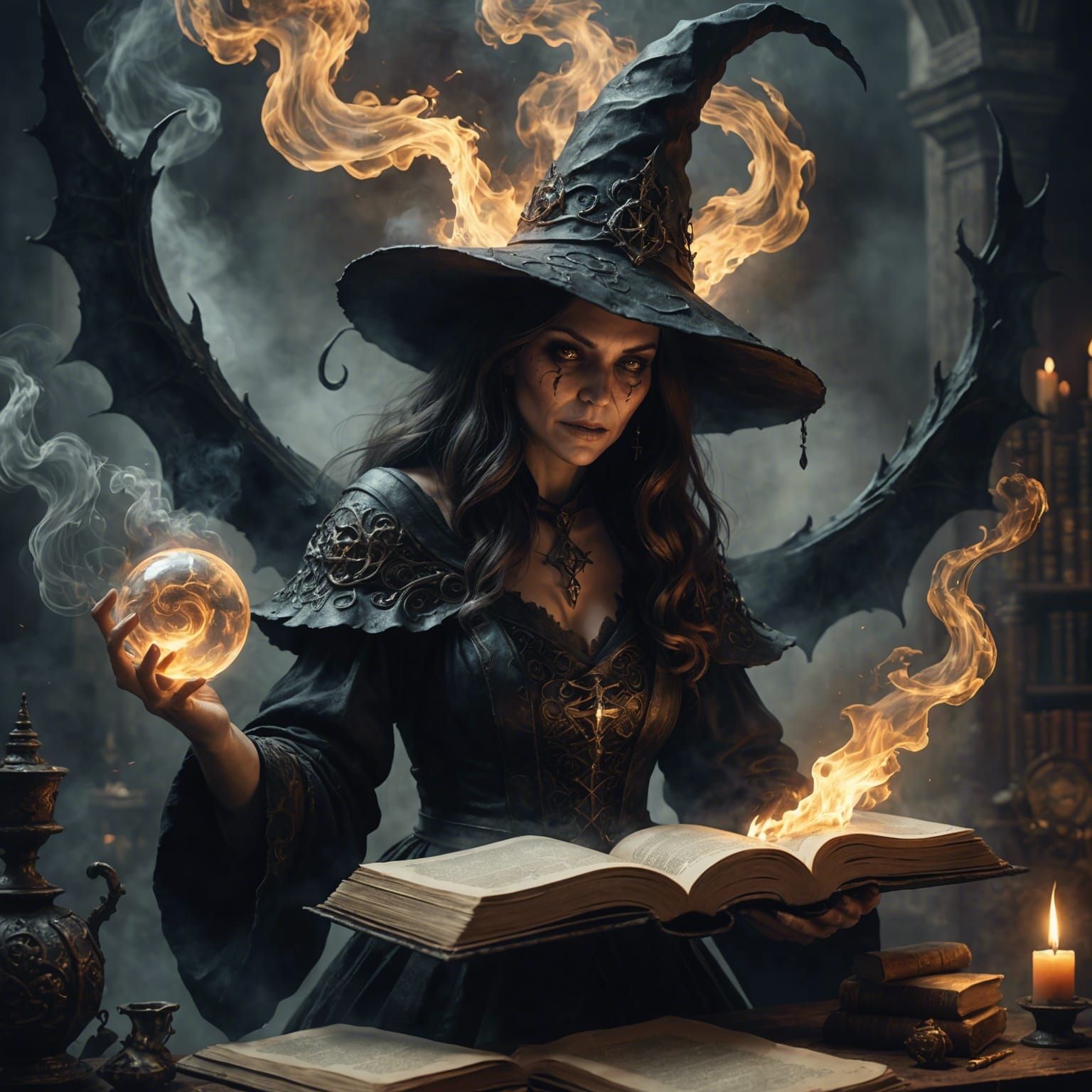 Witch Conjures Smoke Demon: Digital Illustration
