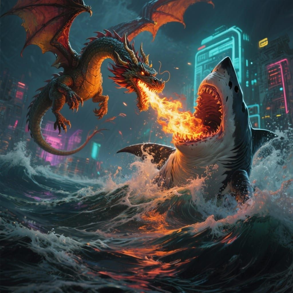 Dragon vs. Giant Shark in Dynamic Fantasy Battle