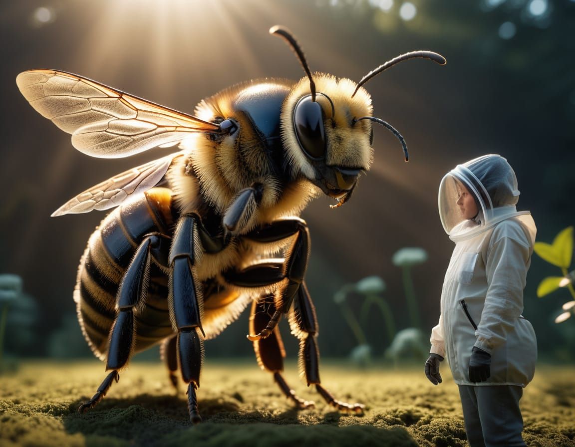 Giant Bee Confronts Tiny Beekeeper: Hyperrealistic Film Stil...