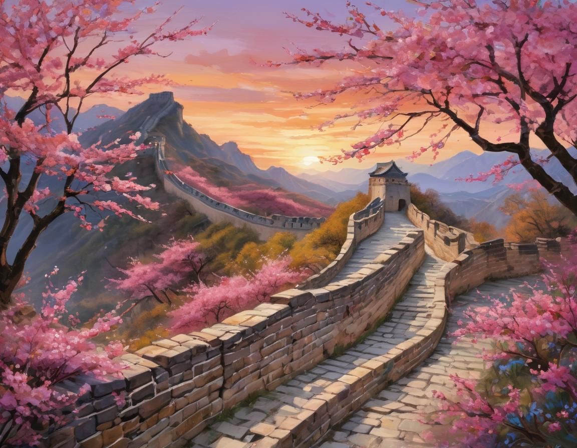 Great Wall of China Watercolor Painting at Sunset