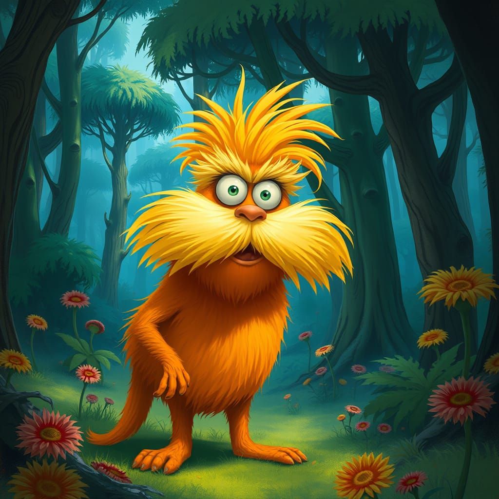 Mystical Lorax in Vibrant Forest Landscape