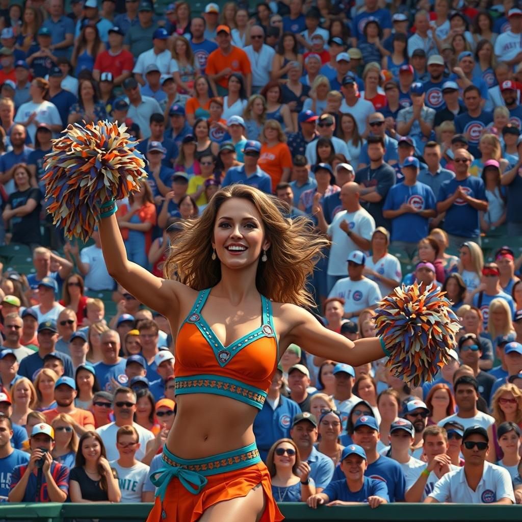 Chicago cubs cheerleader entertaining a baseball crowd in the Wrigley field ballpark