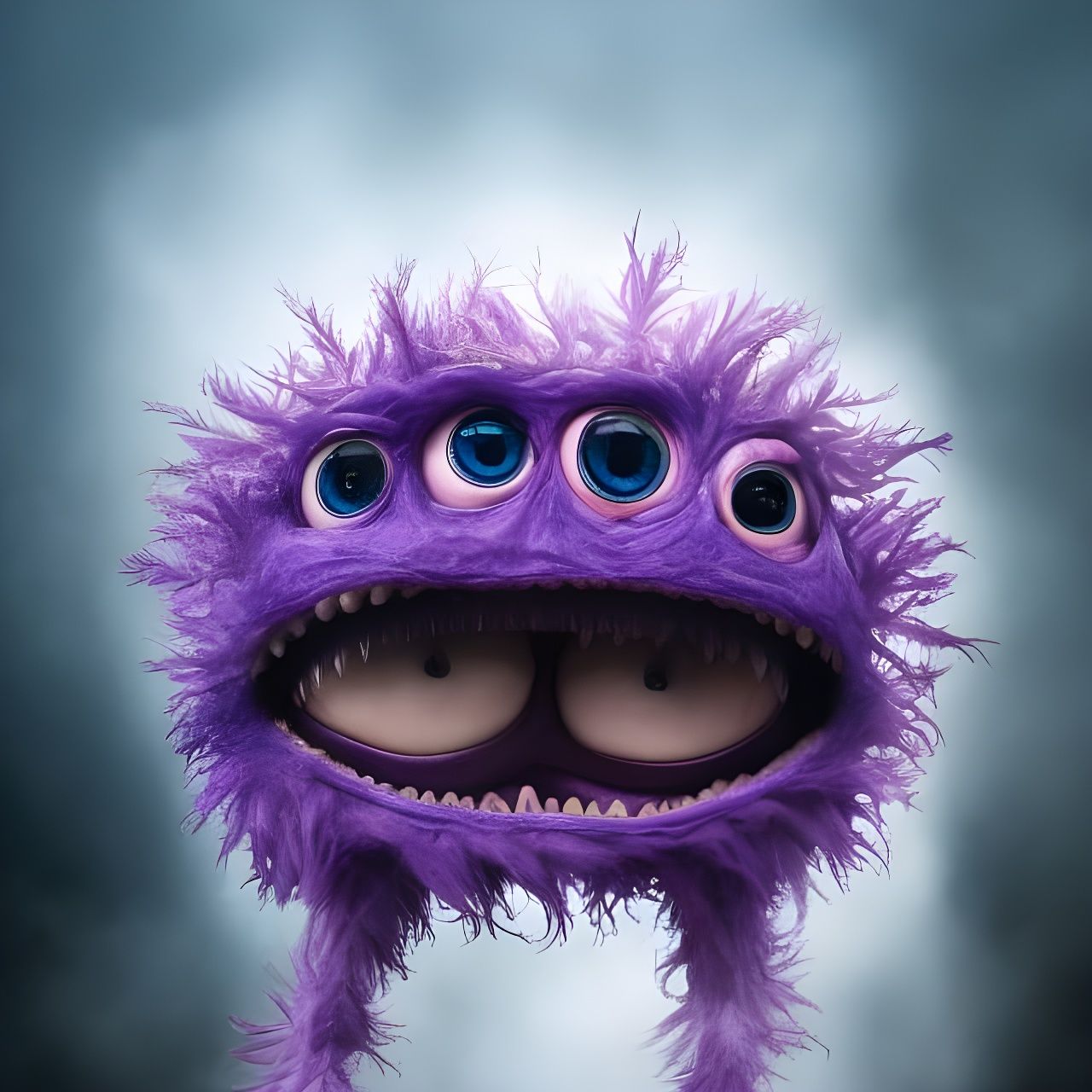 Cute Purple Monster Emerges, Hyperrealistic Digital Art