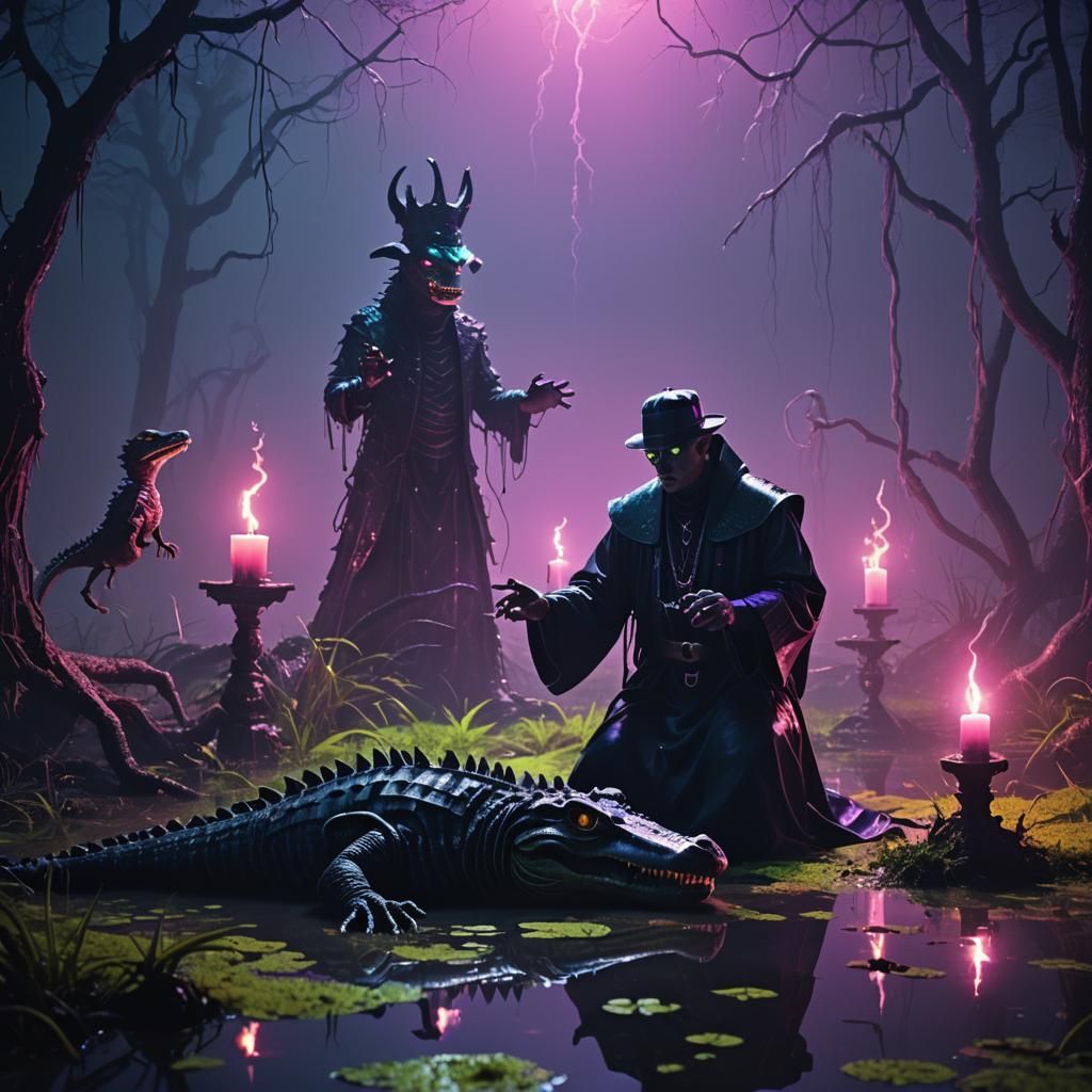 Synthwave Alligator Priest Exorcism in Neon Swamp