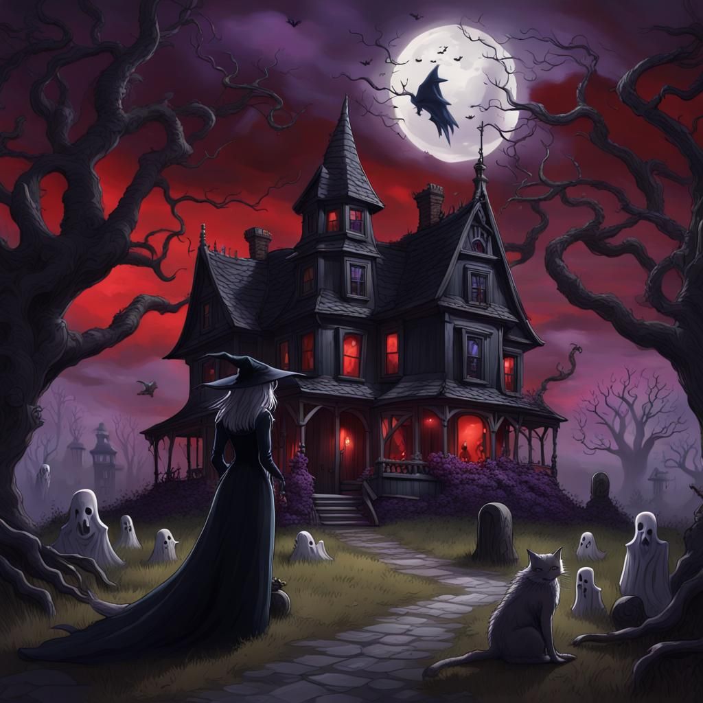 Dark Fantasy Witch House with Ghosts and Skulls