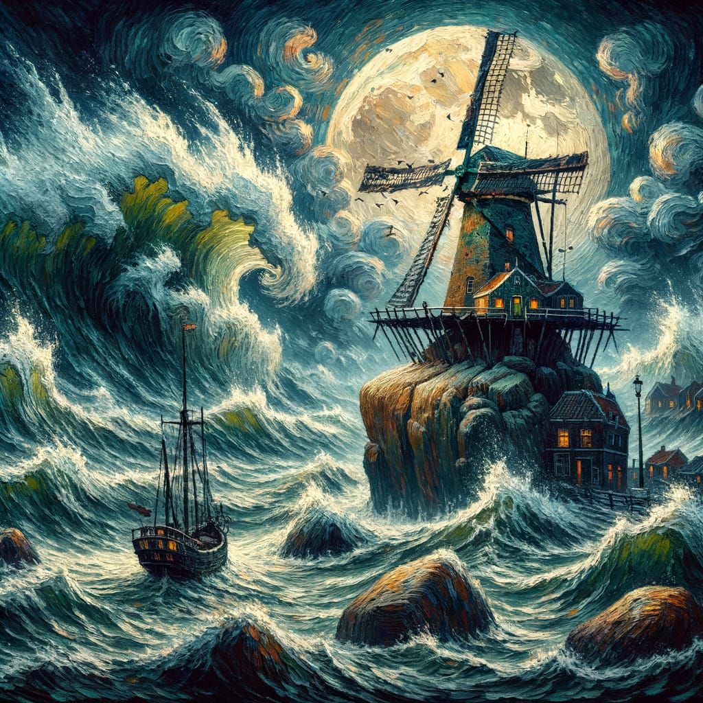 Stormy Seas: Windmill in Impasto Style