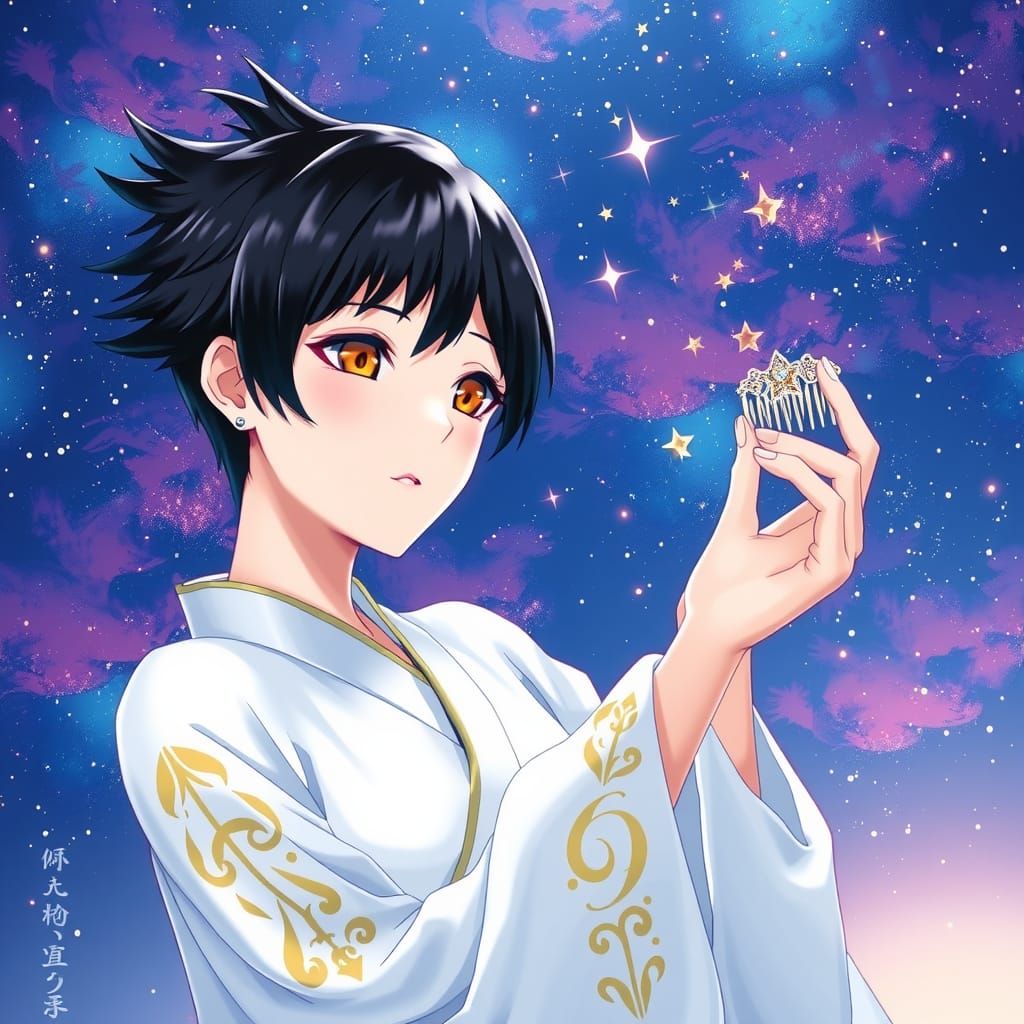 Anime Woman Combs Stars in Dreamy Night Sky