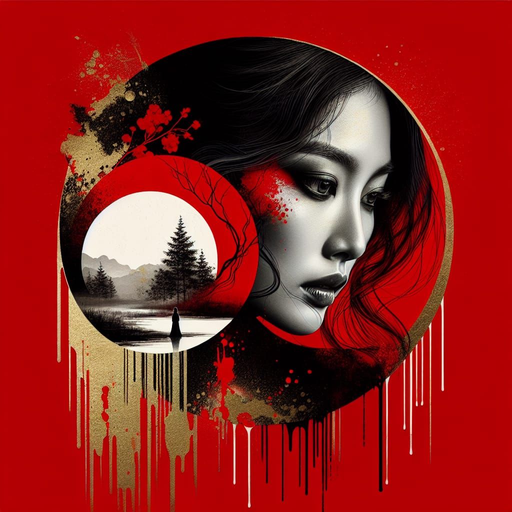 Monochrome Portrait with Gold Accents and Landscape Frame