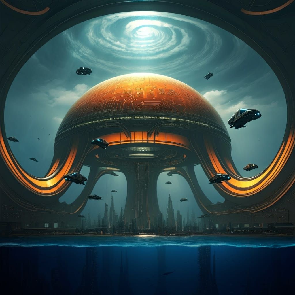 Futuristic Underwater City Dome Transportation Hub in Cyberp...