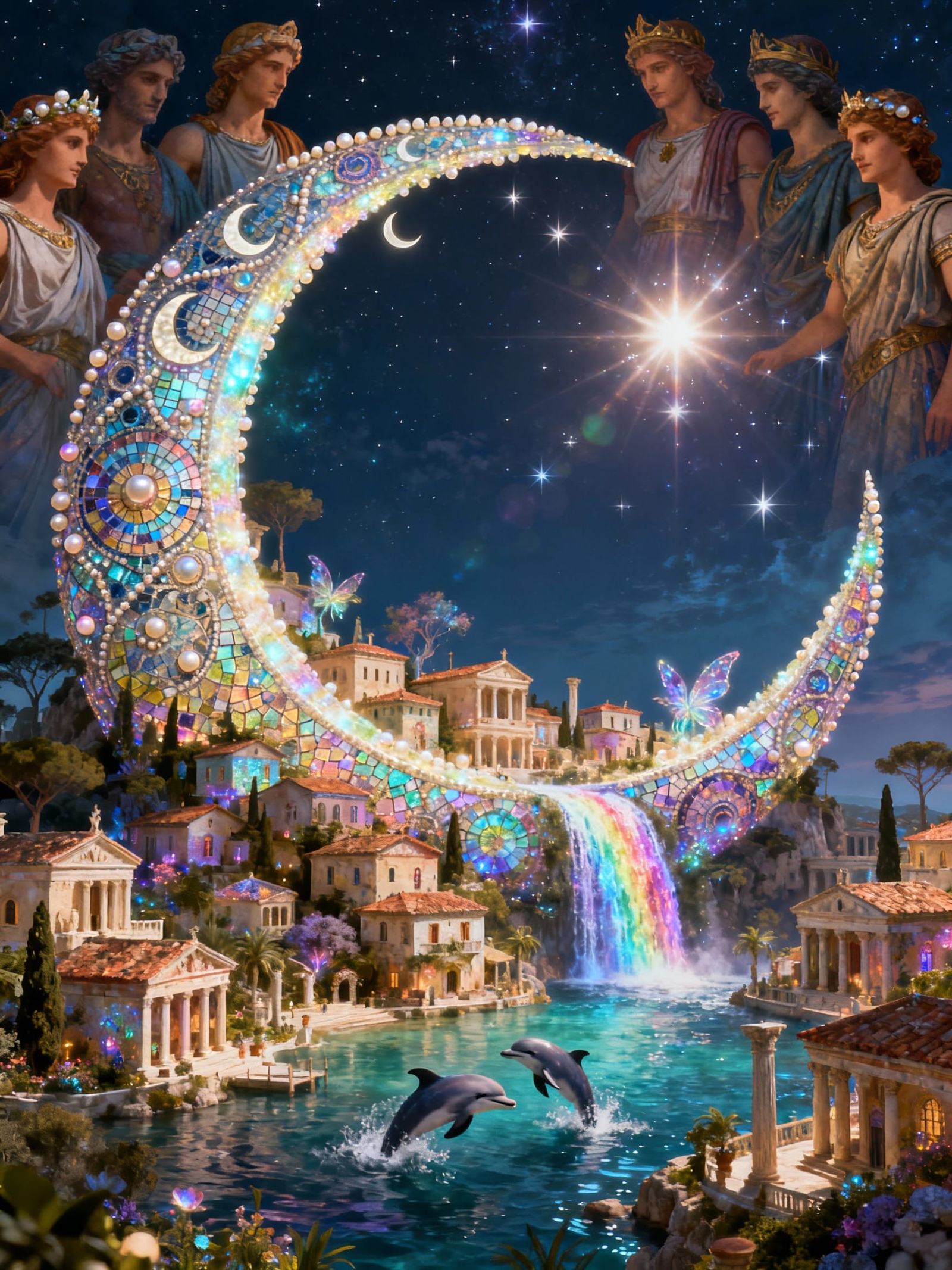 Ancient Roman Fantasy Village Under Celestial Pantheon