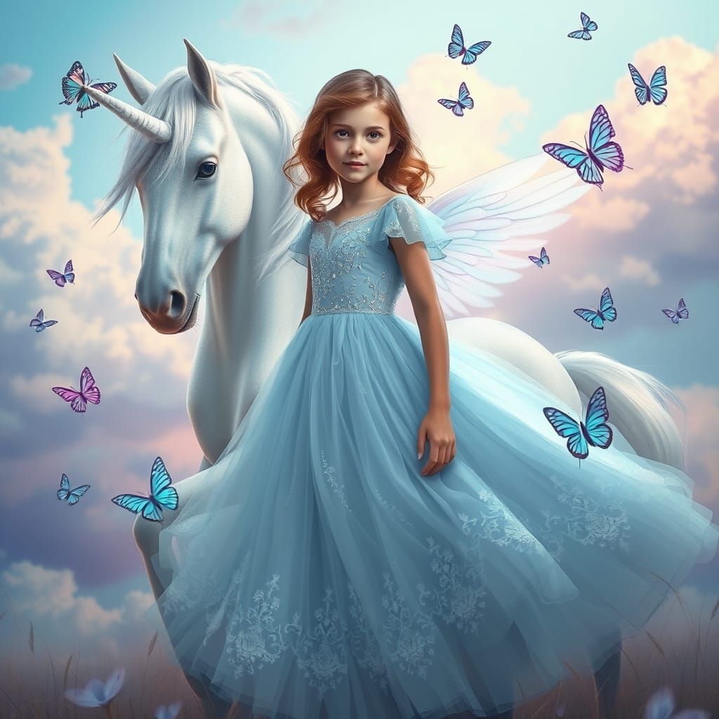 Girl in Pastel Blue Dress with Majestic Unicorn and Butterfl...