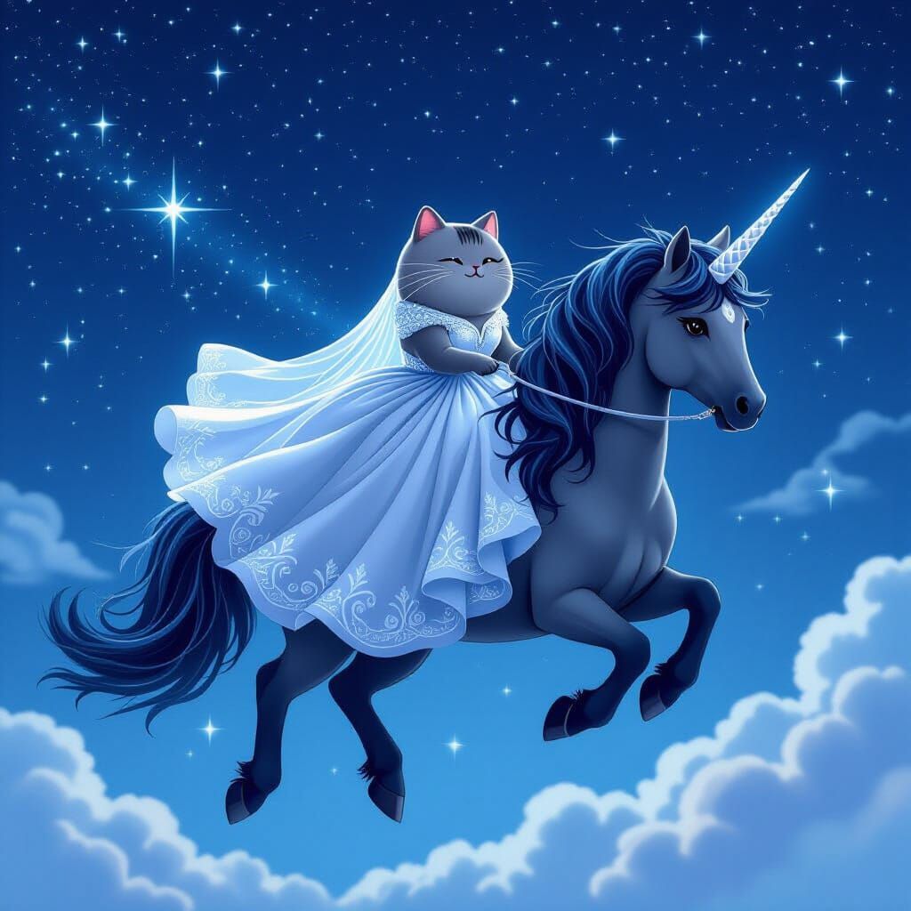 Pusheen Rides a Unicorn in Dreamy Digital Art