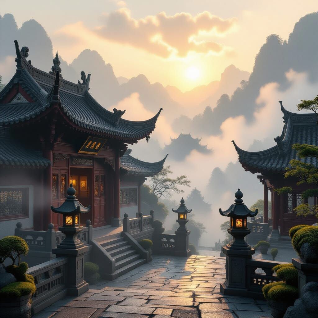 Serene Nanyang Temple in Misty Dreamscape at Dawn