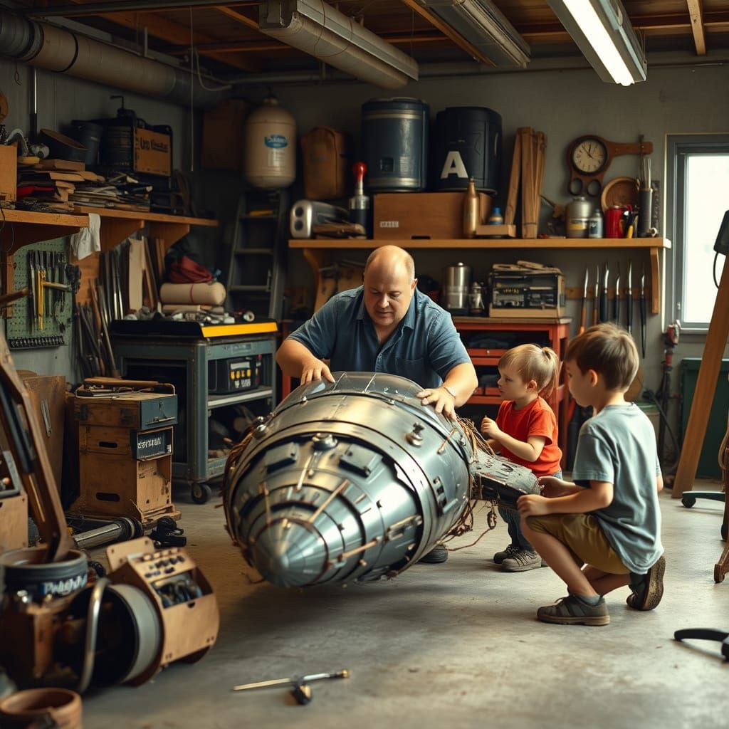 Dad Repairs Spaceship with Kids: Steampunk Wes Anderson