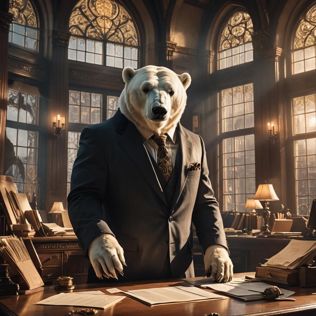 Polar Bear Businessman in Ornate Gothic Office