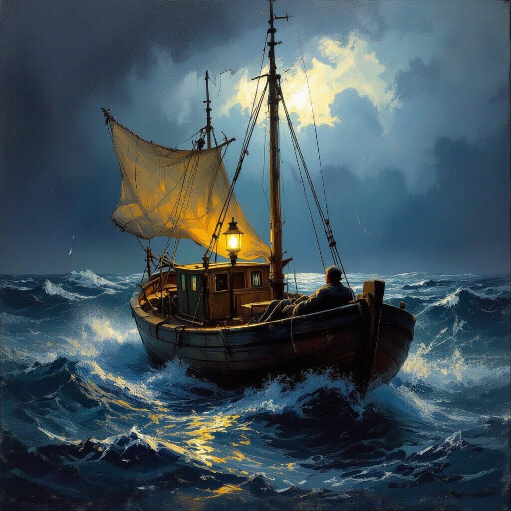 Man Relaxing in Boat During Fierce Storm at Sea