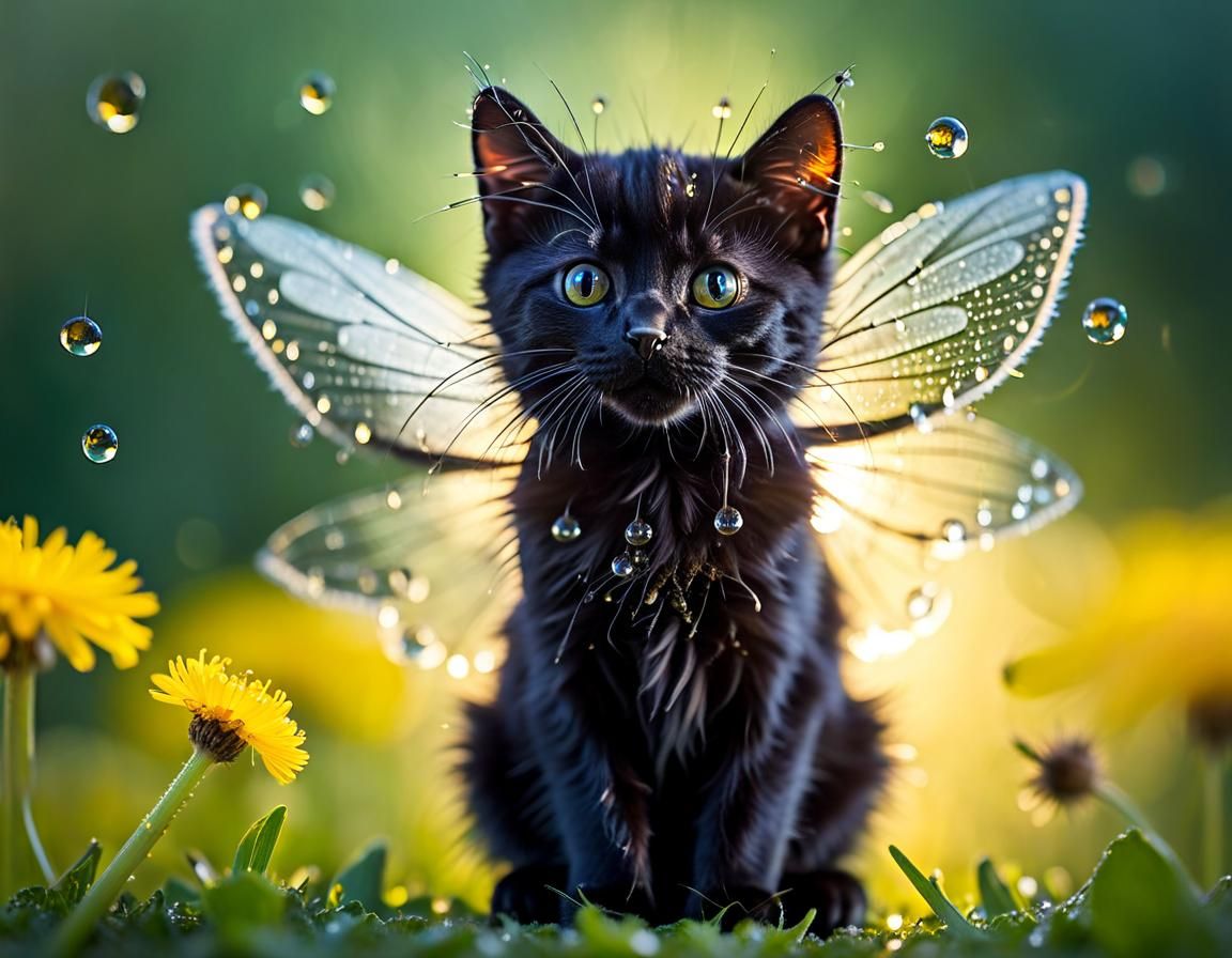 Winged Cat Fairy on Dandelion: Macro Photography