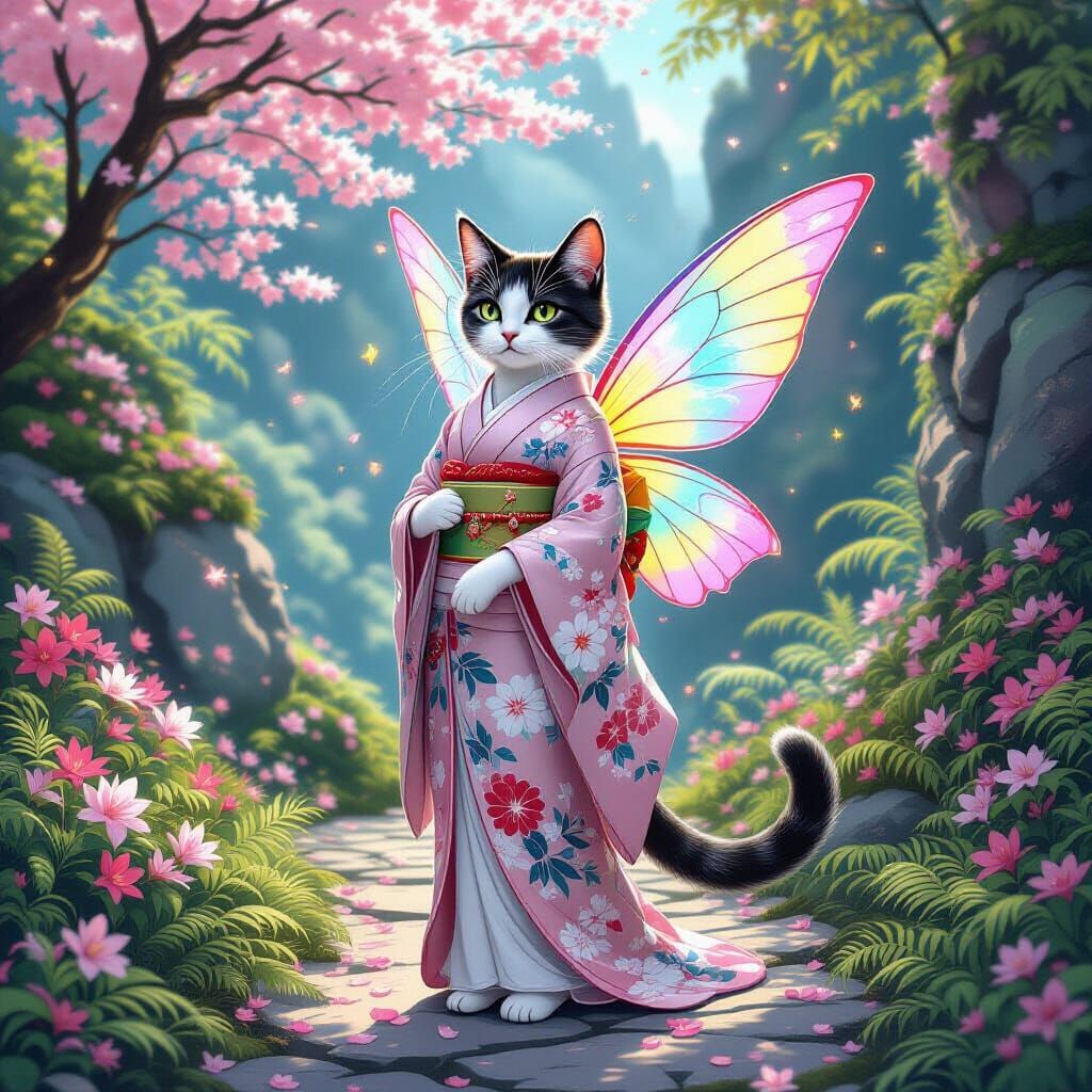 Enchanting Cat Geisha Fairy with Rainbow Wings in Moonlit Fo...