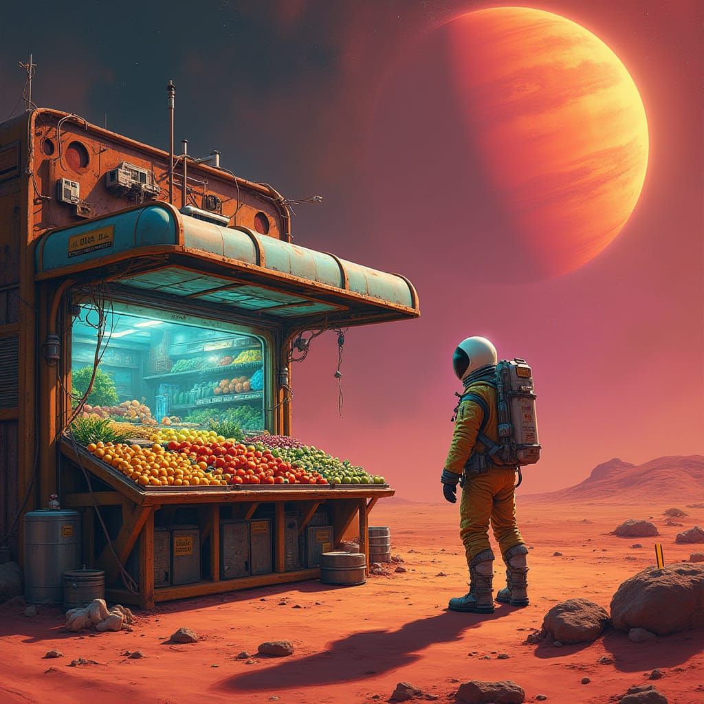 Astronaut's Martian Farmstand in Psychedelic Style