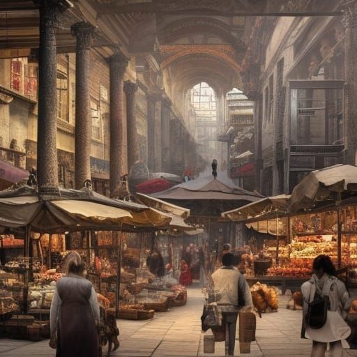 Vibrant Ancient Market Scene with Watching People