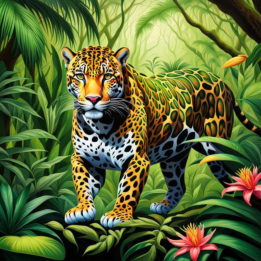 Jaguar Prowling Through Lush Jungle Canopy