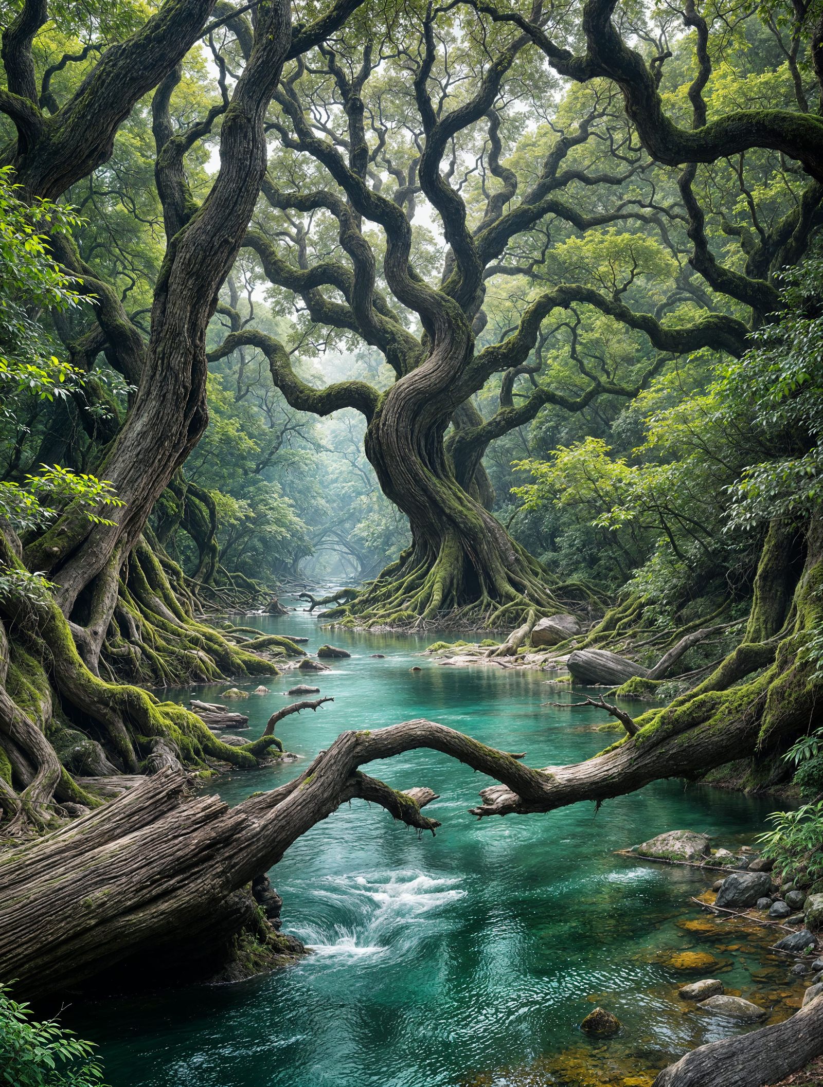 Ancient Forest River Sanctuary with Giant Twisted Trees