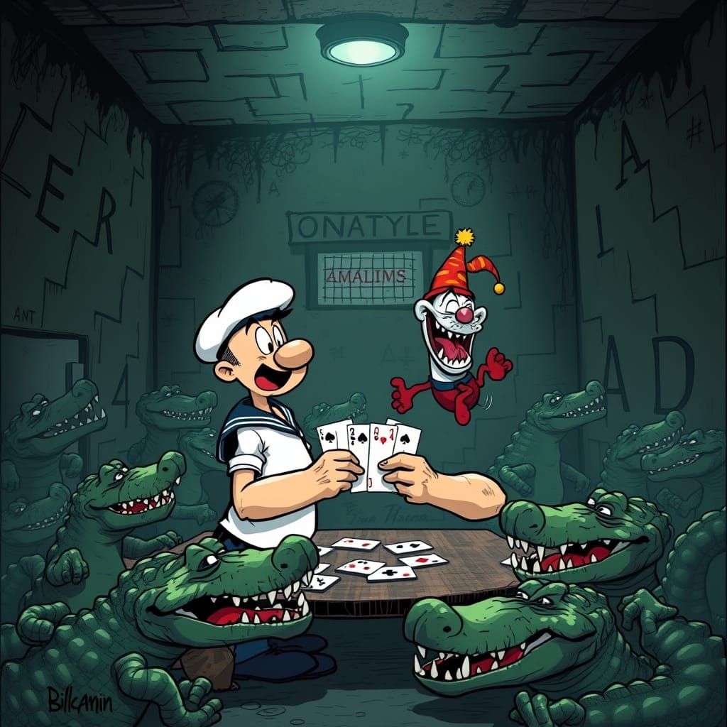 Popeye The Sailor Man + Alligator Alcatraz + Alpha and Omega + prison with alligators + illegal immigrants + playing car...