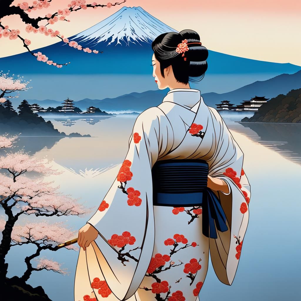 Mount Fuji Rose Portrait in Ukiyo-e Style