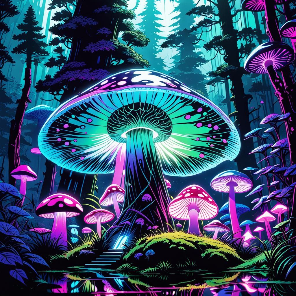 Cyberpunk Fairyland: Blacklight Forest with Neon Mushrooms