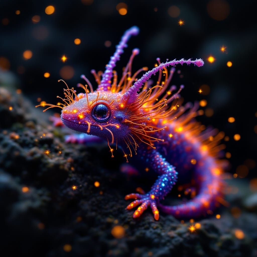 Surreal Salamander Shines in Triadic Hues with Sparkling Fir...